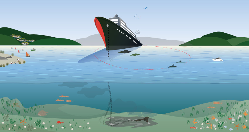 What happens in the ocean when large ships anchor?